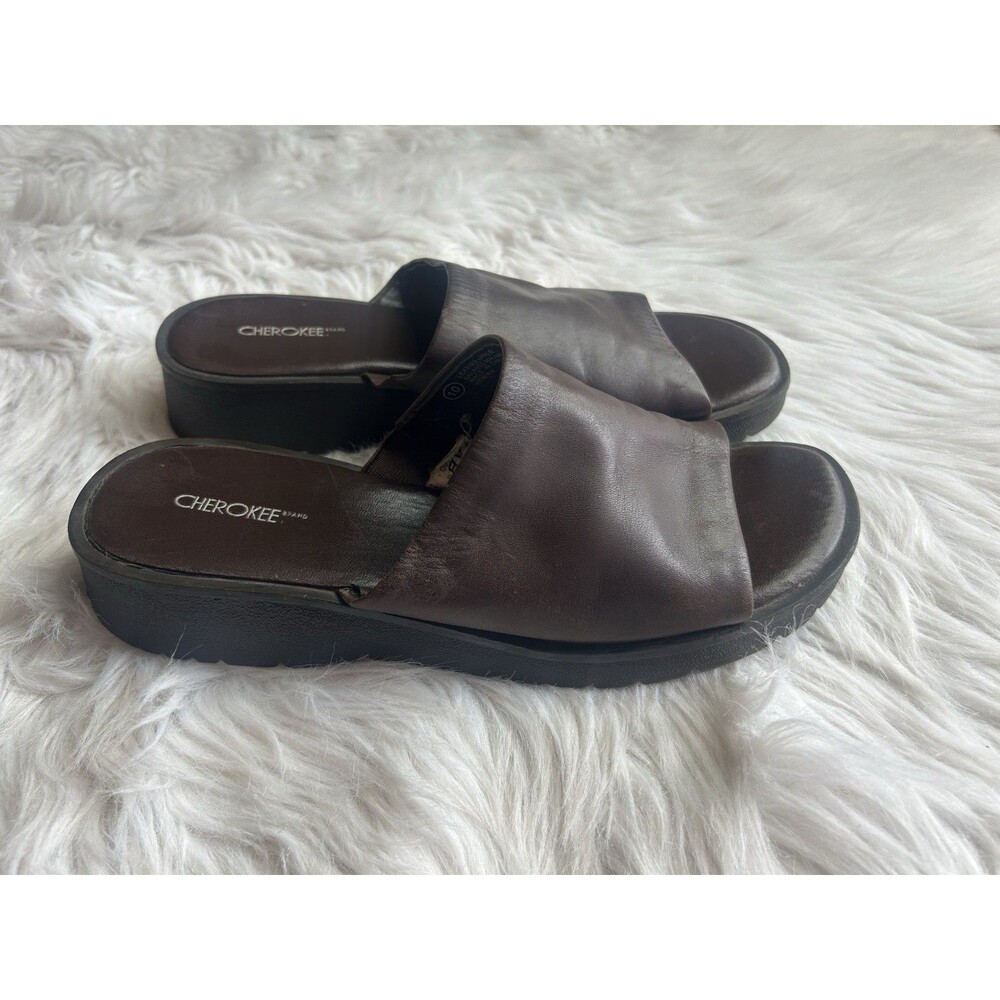 Cherokee Women's 10 Brown Leather Chunky Platform Vintage Style Comfort Slides